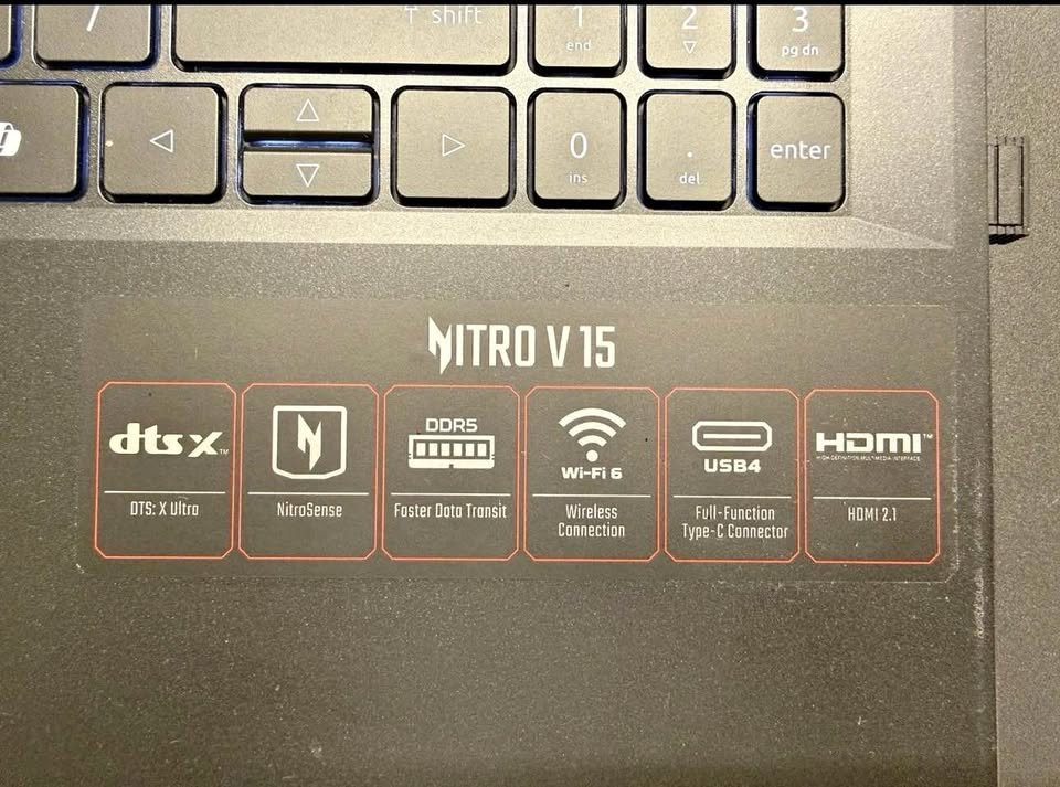 Acer Nitro V15 gaming laptop specifications sticker with DDR5 memory, Wi-Fi 6, USB-C, and HDMI 2.1