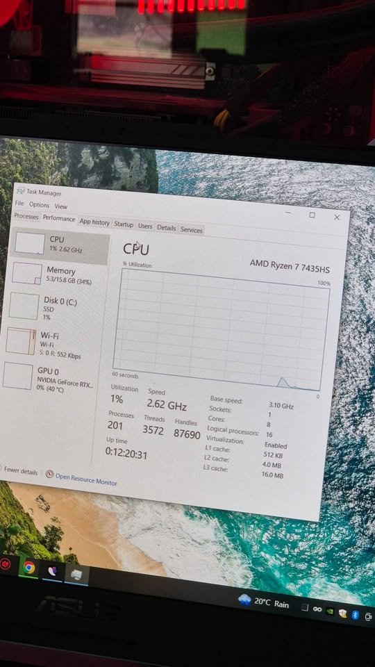 Windows Task Manager CPU tab showing AMD Ryzen 7 7435HS during test (2.62 GHz current speed)