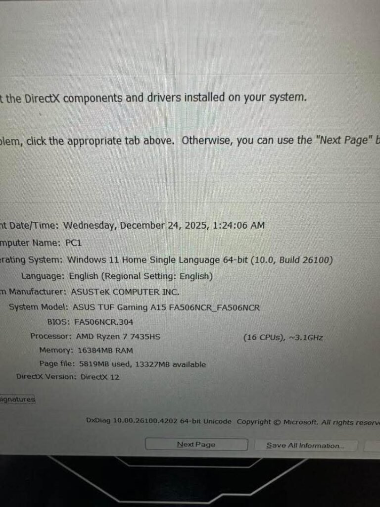 ASUS TUF Gaming A15 system information showing AMD Ryzen 7 7435HS and Windows 11 details