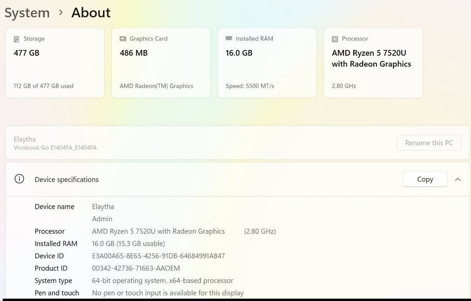 Windows 11 system information screenshot of ASUS Vivobook Go 14 laptop hardware details