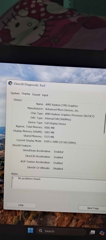 Screenshot of AMD Ryzen 7 7730U integrated Radeon Graphics details in DirectX Diagnostic Tool