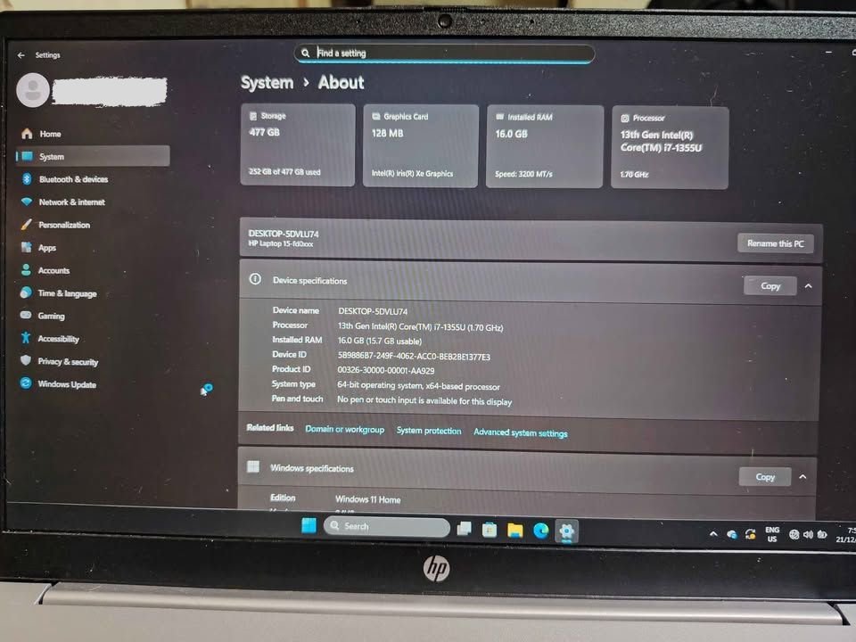 HP 15 Core i7 laptop system information screen with 16GB RAM