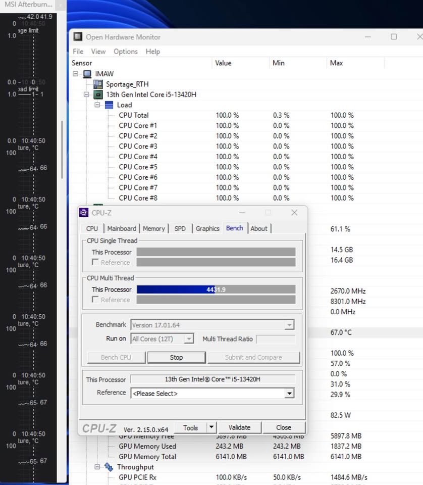 Stress test screenshot of Intel Core i5-13420H with CPU-Z bench running and sensors showing 100% load
