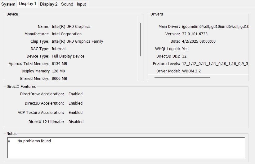 Screenshot of DirectX Diagnostic Tool display tab showing Intel UHD Graphics driver version, memory details, DirectX 12 support, and WDDM 3.2 driver model