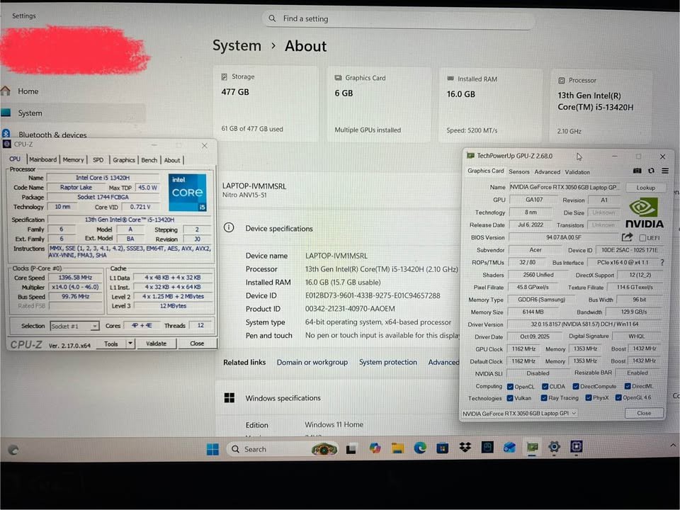 Intel Core i5-13420H 13th Gen laptop processor system information with CPU-Z and Windows 11 specs