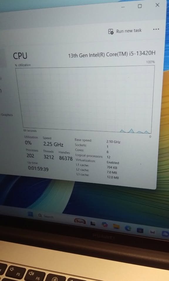 Windows Task Manager showing Intel Core i5-13420H CPU with 8 cores, 12 threads, and real-time utilization