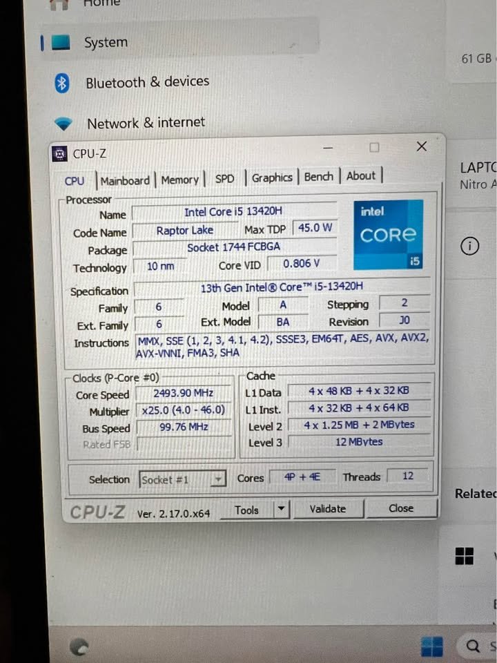 CPU-Z screenshot showing Intel Core i5-13420H processor cache details including 12MB L3 cache and L2 cache configuration