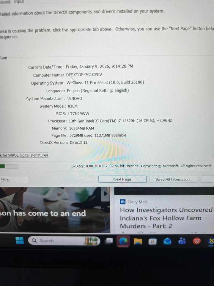 Lenovo IdeaPad Slim 3 Core i7 system information showing Windows 11 Pro, Core i7 and 16GB RAM