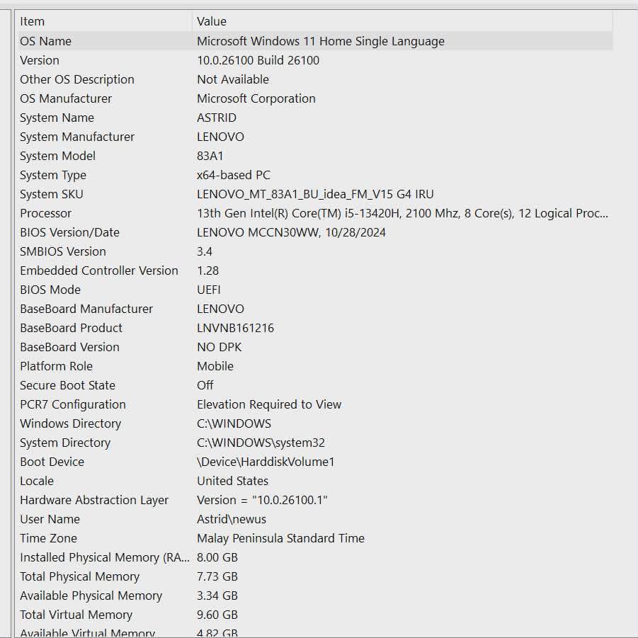 Lenovo V15 G4 Core I5 13420H System Information Windows