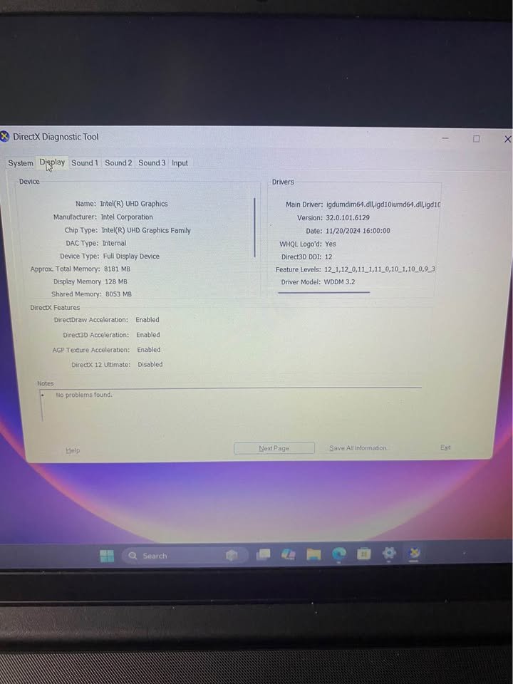 Lenovo V15 G4 Core i5 laptop graphics driver and DirectX 12 details screenshot