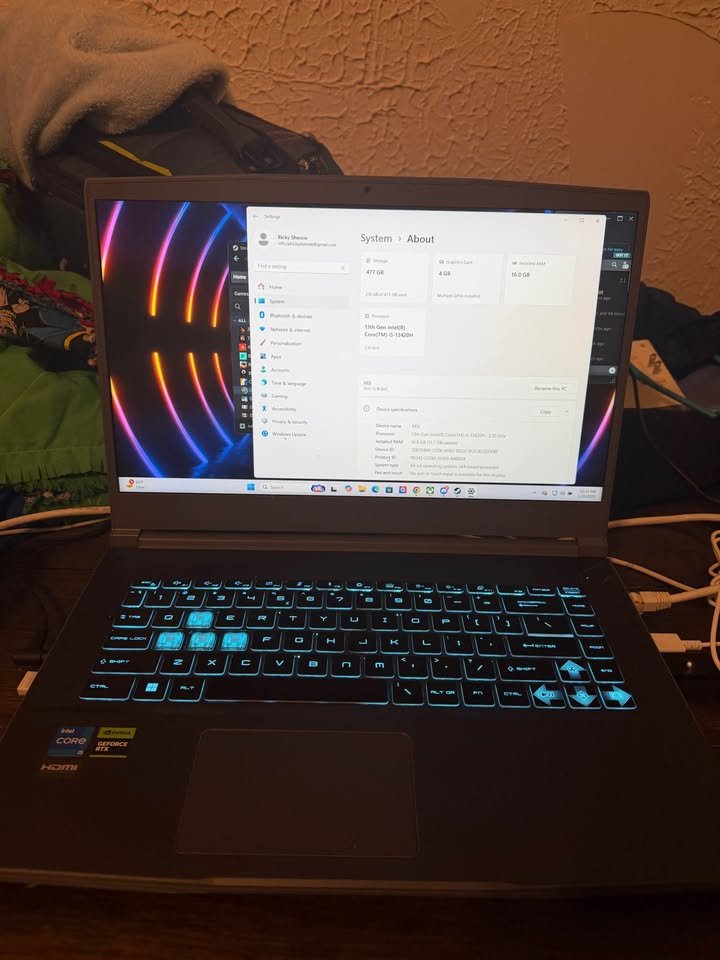 MSI Thin 15 RTX 3050 laptop showing system specifications screen on Windows 11
