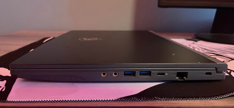 MSI Thin 15 gaming laptop left side ports showing USB, Type-C, audio jack and Ethernet
