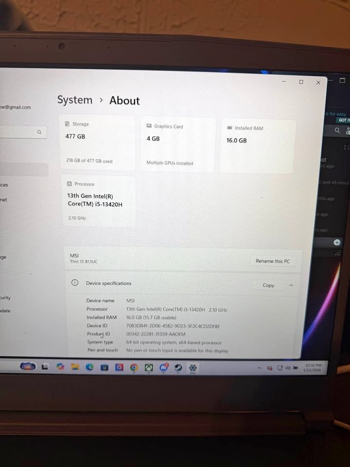 Windows system about page displaying MSI Thin 15 hardware specifications
