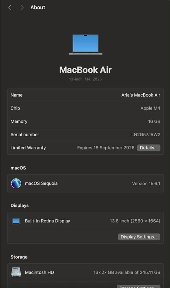 About This Mac screen for MacBook Air 13-inch (M4) showing Apple M4, 16GB RAM, macOS Sequoia 15.6.1, 13.6-inch Retina display