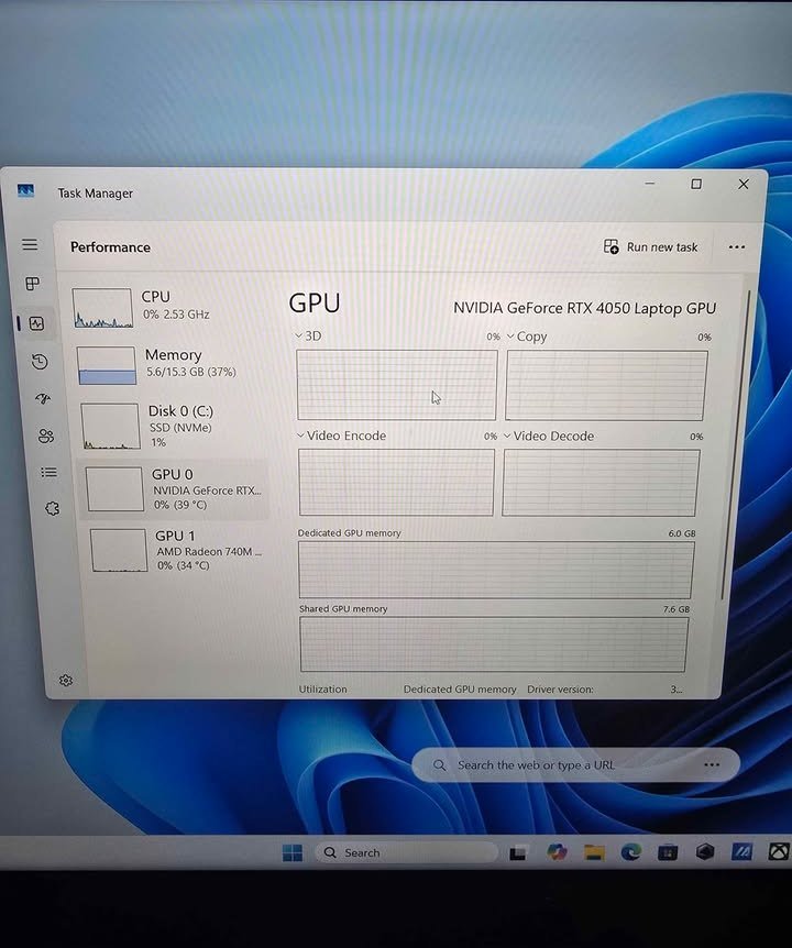 Dedicated and shared GPU memory usage of NVIDIA RTX 4050 Laptop GPU