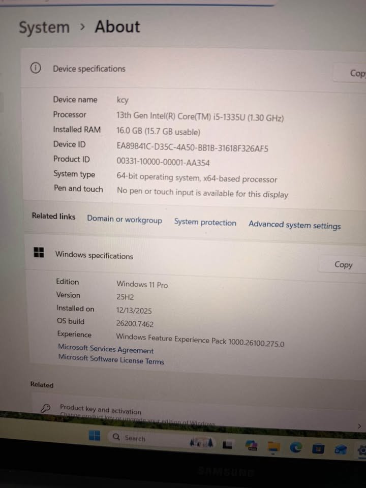 System About screenshot listing hardware specs—Intel Core i5‑1335U 1.30GHz, 16GB RAM (15.7GB usable), 64‑bit Windows 11 Pro