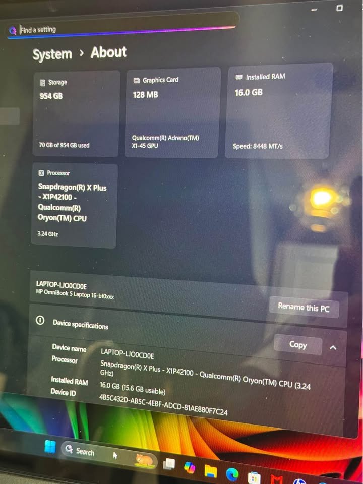 Screenshot of Snapdragon x plus x1p42100 windows system about 16gb ram adreno gpu
