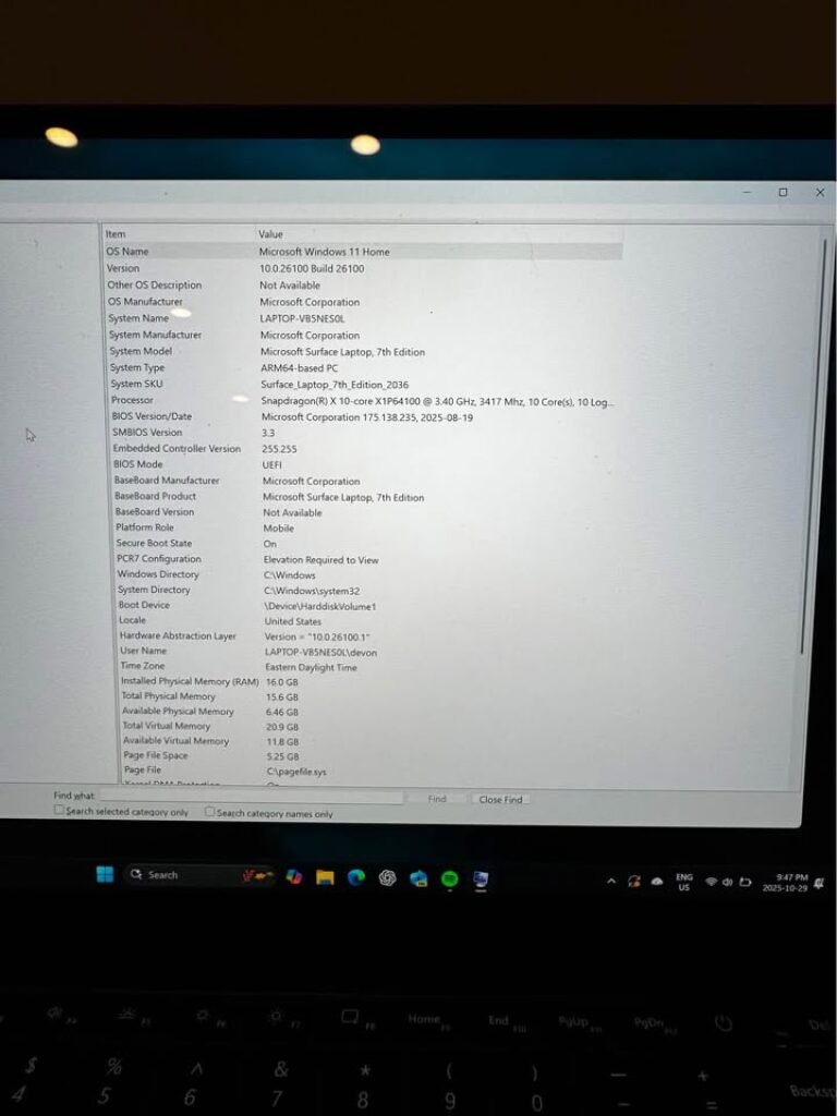 Windows System Information showing Microsoft Surface Laptop (7th Edition) specs: Snapdragon X Plus 10‑core CPU, 16GB RAM, Windows 11 Home