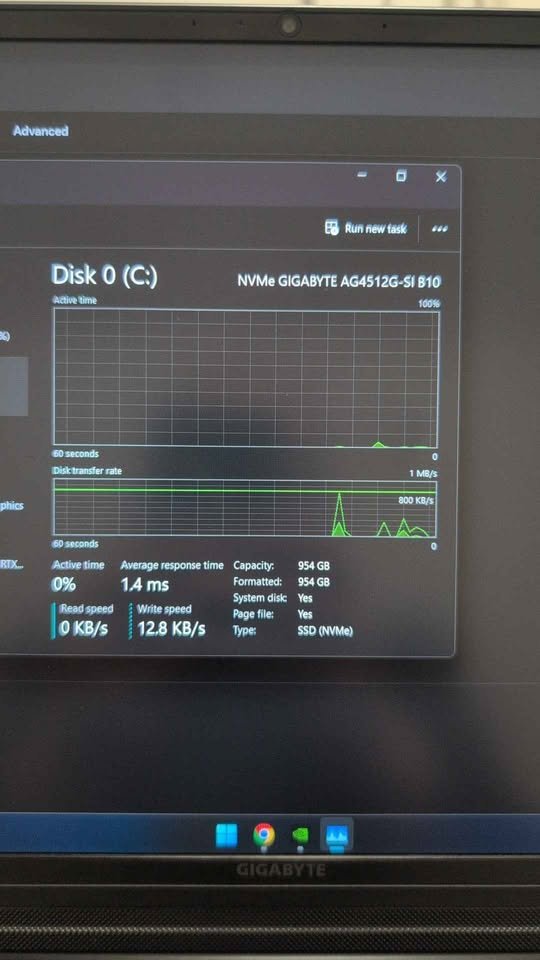 Photo of Windows 11 Task Manager showing NVMe SSD activity and response time during test