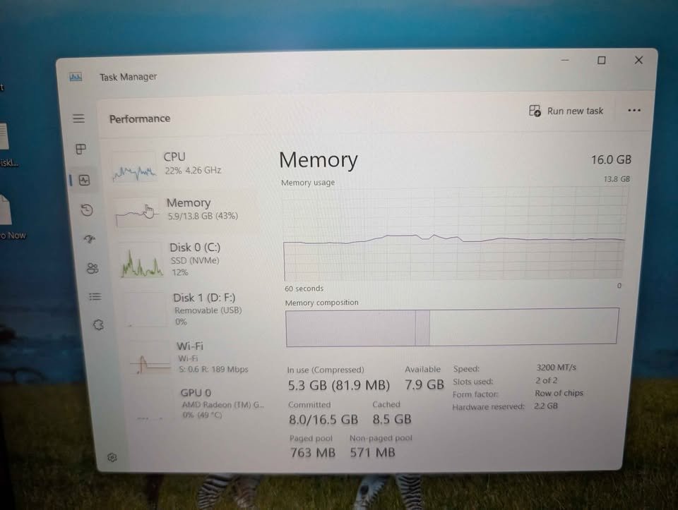 Windows Task Manager Memory tab showing 16.0 GB installed RAM (DDR4 3200 MT/s) and current memory usage