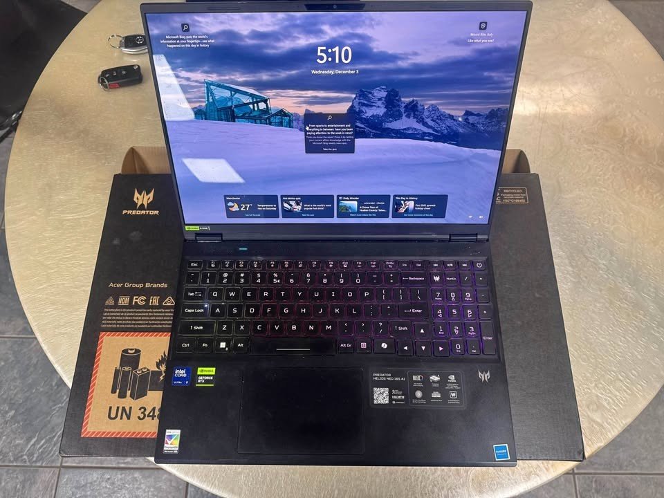 Acer Predator Helios Neo 16S AI gaming laptop with RTX 5070 graphics, backlit keyboard, and large 16-inch OLED display