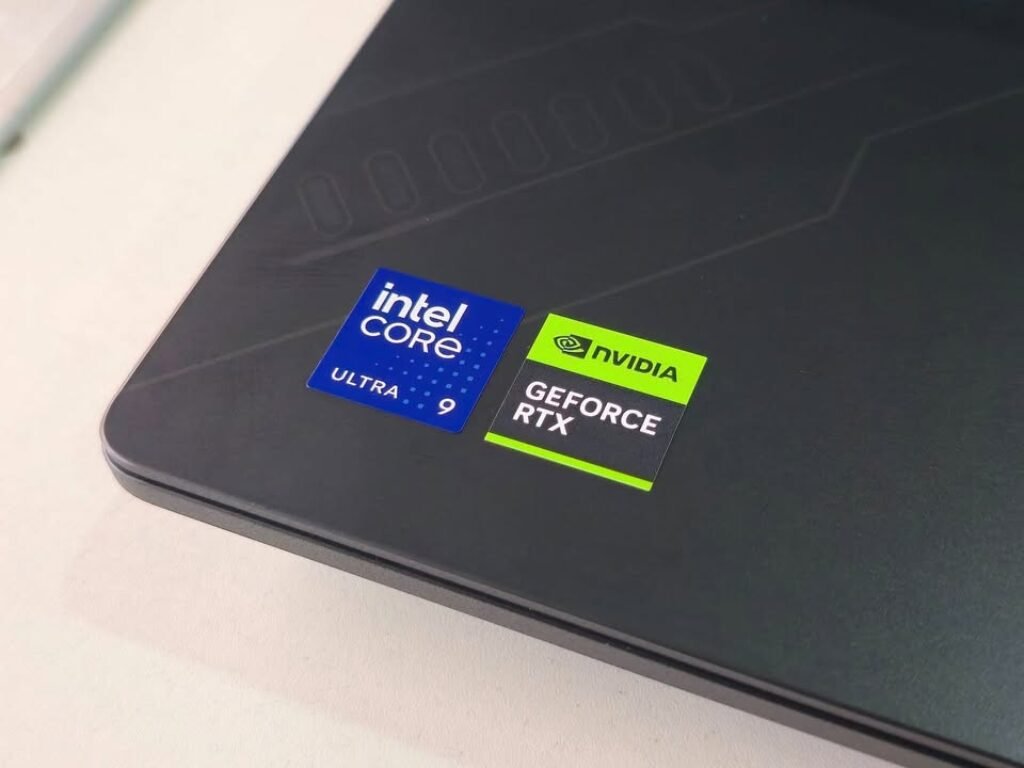 Intel Core Ultra 9 and NVIDIA GeForce RTX stickers on MSI gaming laptop palm rest