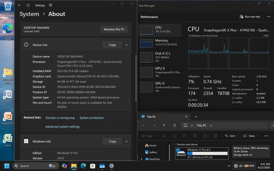 Windows 11 System Information and Task Manager screenshot showing Snapdragon X Plus X1P42100 processor specs, including 3.24 GHz clock speed, 8 cores, 16GB RAM, and Adreno X1-45 GPU